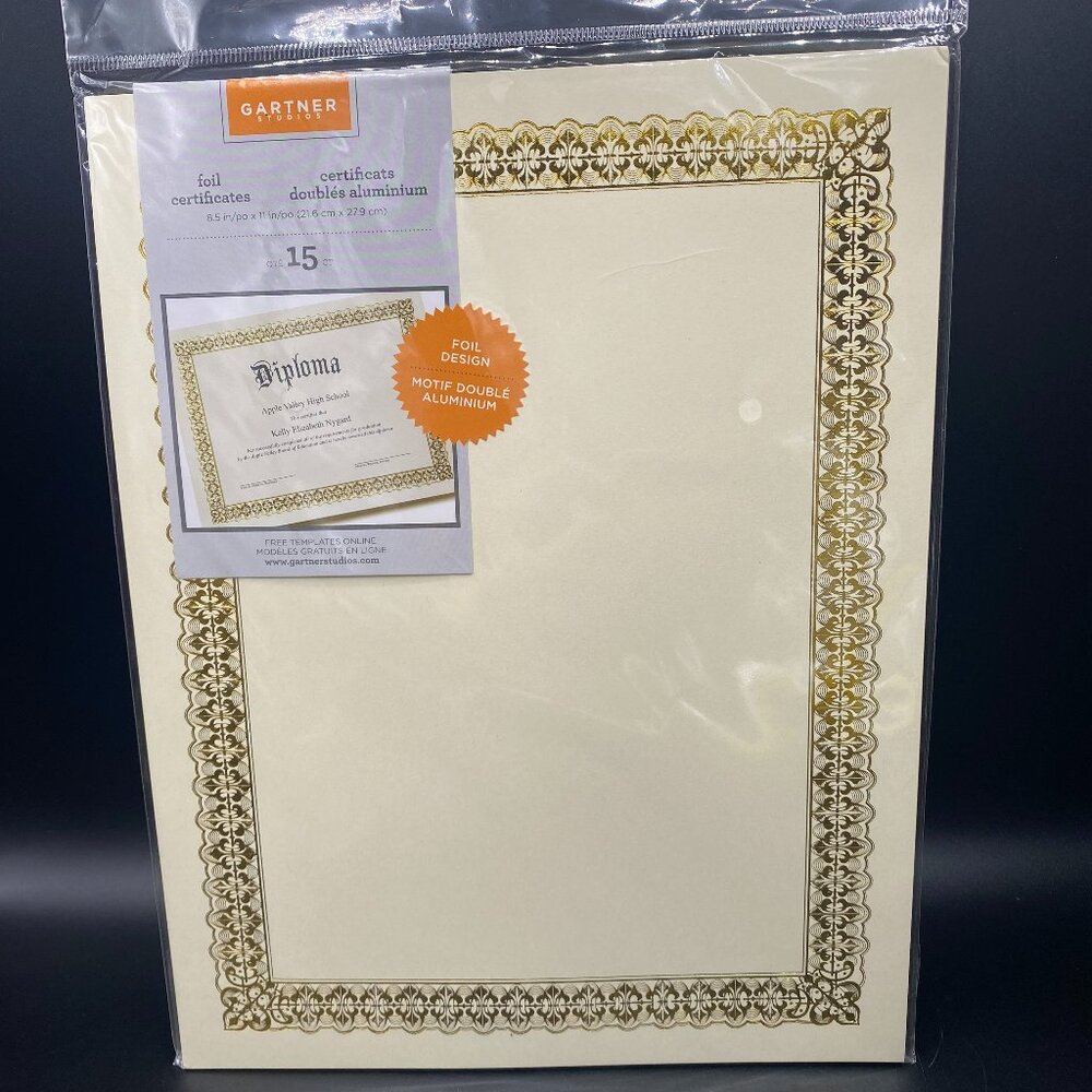 Gartner Studios Diploma Foil Certificates Gold Border 8.5" x 11" 15 Count New